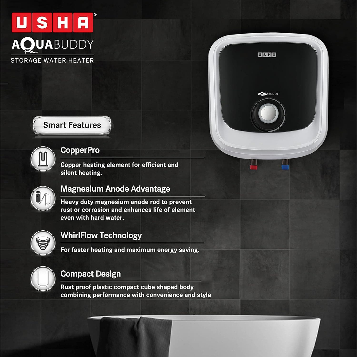 USHA GEYSER SWH AQUABUDDY 15L WHITE BLACK preview 3