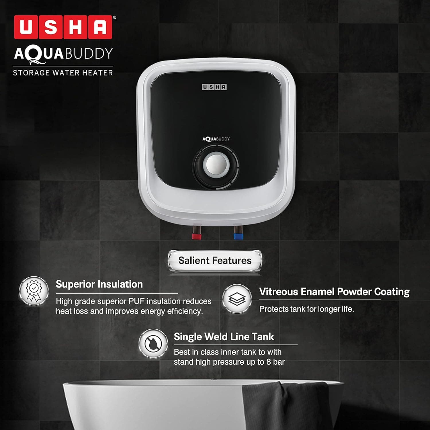 USHA GEYSER SWH AQUABUDDY 15L WHITE BLACK preview 4