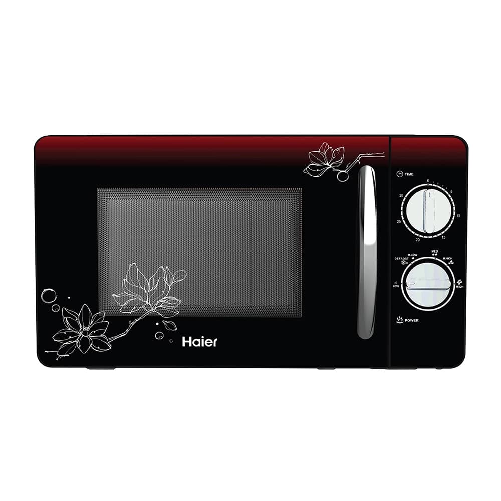 Haier HIL2002MFPH 20L black solo microwave oven with 6 power levels and chrome handle
