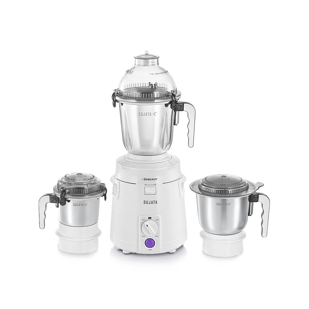 Sujata Dynamix 900W mixer grinder with 3 stainless-steel jars in white